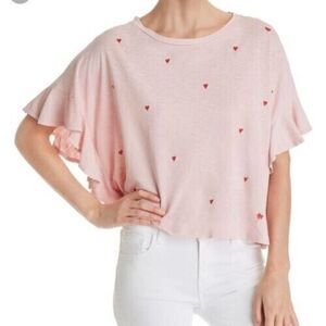 SUNDRY pink hearts flutter short sleeve shirt size 2 Medium